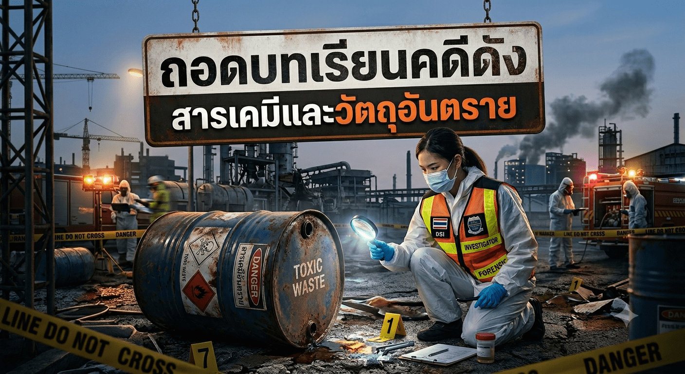 ภาพเจ้าหน้าที่พิสูจน์หลักฐานตรวจสอบถังสารเคมีรั่วไหลในโรงงาน สำหรับบทความถอดบทเรียนคดีดัง สารเคมีและวัตถุอันตราย
