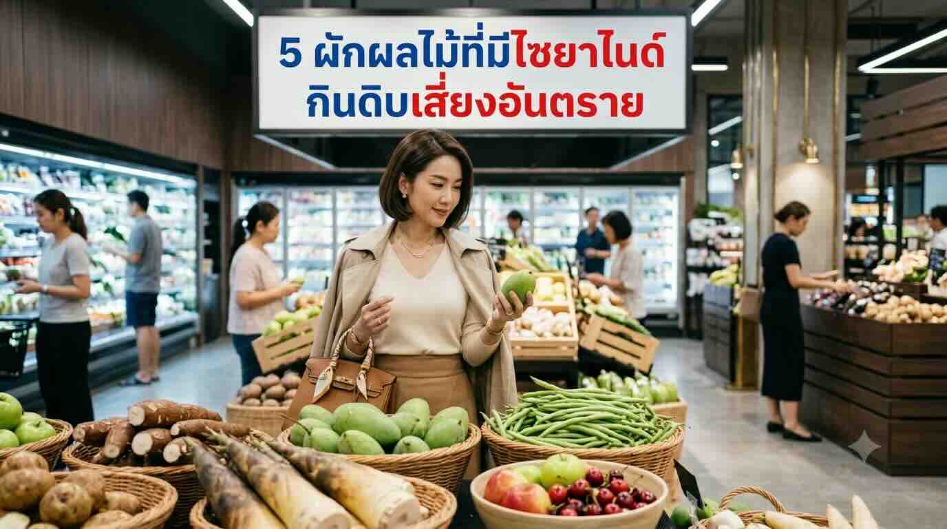 กองผลไม้และผักสด 5 ชนิด รวมถึงมันสำปะหลังดิบที่เป็นตัวอย่างของผักผลไม้ที่มีไซยาไนด์ซ่อนอยู่หากไม่ปรุงสุก