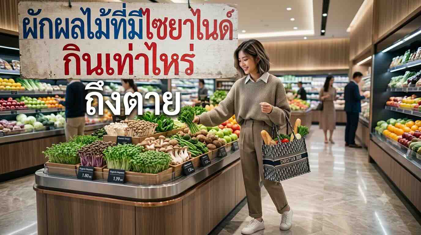 ภาพเปรียบเทียบปริมาณสารสกัดในห้องแล็บกับกองผักผลไม้ที่มีไซยาไนด์ เพื่ออธิบายเกณฑ์ความปลอดภัยต่อร่างกาย