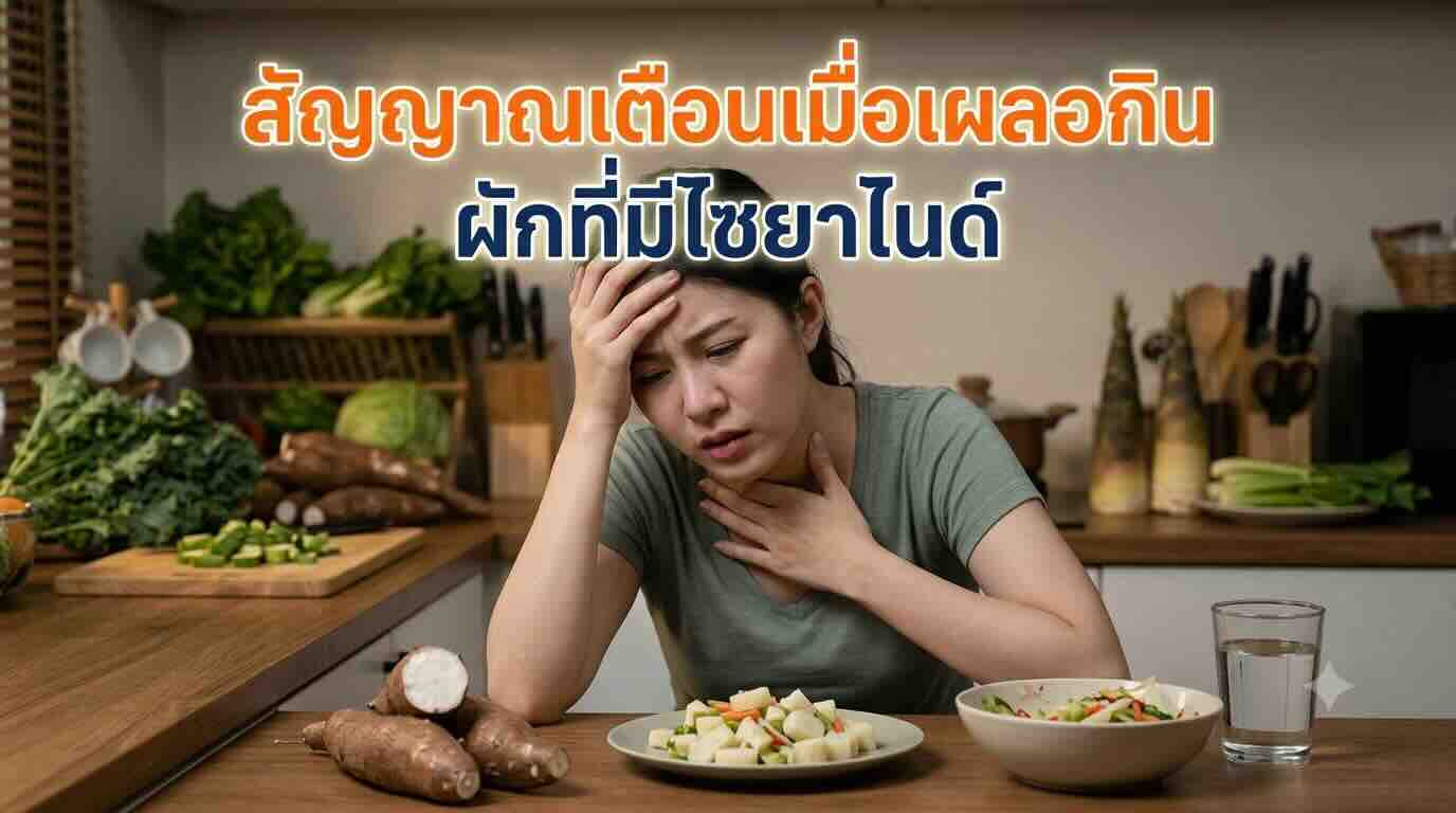 ภาพอินโฟกราฟิกแสดงอาการเวียนหัวและคลื่นไส้ ซึ่งเป็นสัญญาณเตือนเมื่อร่างกายได้รับสารพิษจากผักที่มีไซยาไนด์ดิบ