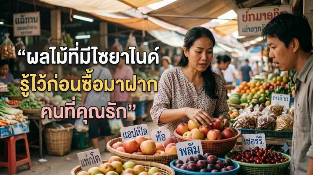 ภาพผู้หญิงและผู้ชายเอเชียกำลังเลือกซื้อผลไม้สดในตลาดสดที่มีป้ายเตือนเรื่องผลไม้ที่มีไซยาไนด์แฝงอยู่ในเมล็ด
