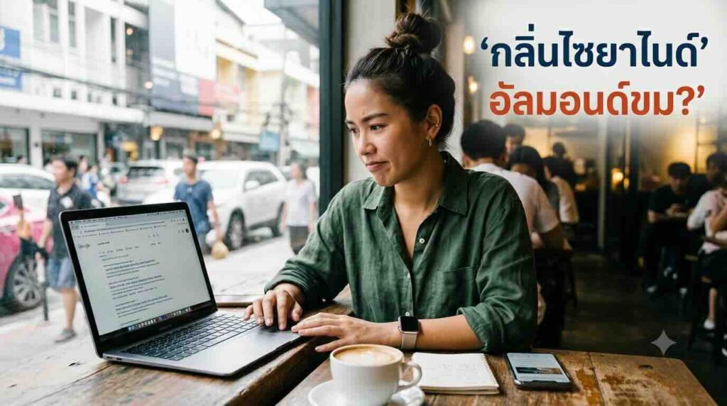 คนเอเชียกำลังใช้คอมพิวเตอร์ค้นหาข้อมูล ซื้อ รู้ทันกลิ่นไซยาไนด์ อัลมอนด์ขมจริงหรือ ในร้านกาแฟ มีแก้วกาแฟและมือถือวางอยู่ด้านหน้า